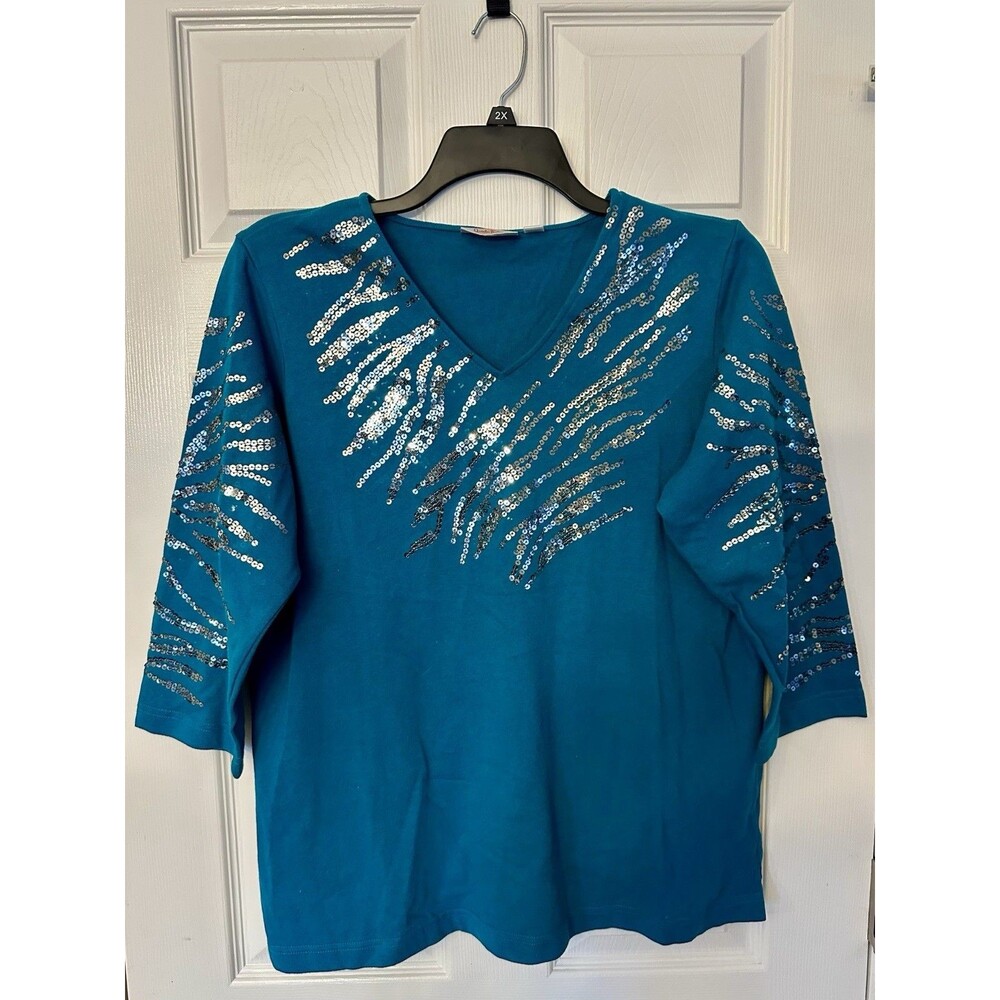 NWOT Quacker Factory teal tiger stripe grey Sequin Women’s top Shirt size LARGE